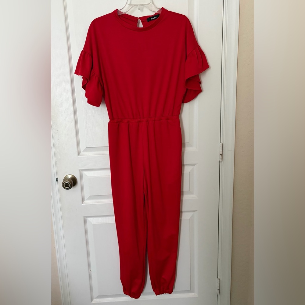 NWT Kosmios Epic Red Jumpsuit with Flutter Sleeves and Pockets - Size Small
